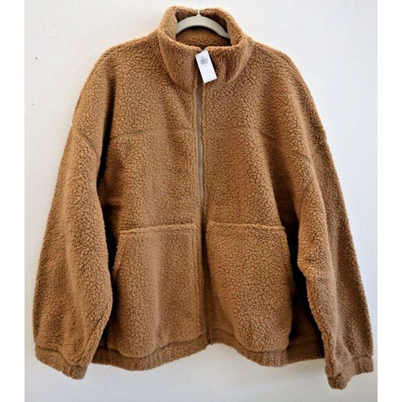 Old Navy Women's Sz XL Braised Tofu Brown Slouchy Sherpa Full Zip Jacket - Picture 1 of 6
